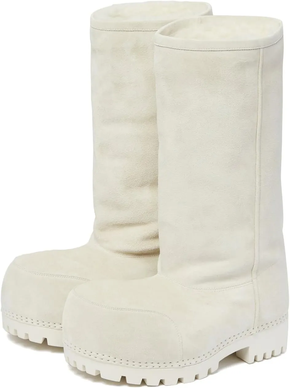 Suede Leather Platform Snow Boots For Women Fur Hippy Mid Calf Winter Boots Slip On Round Toe Comfort Warm Trending Knee High Boots