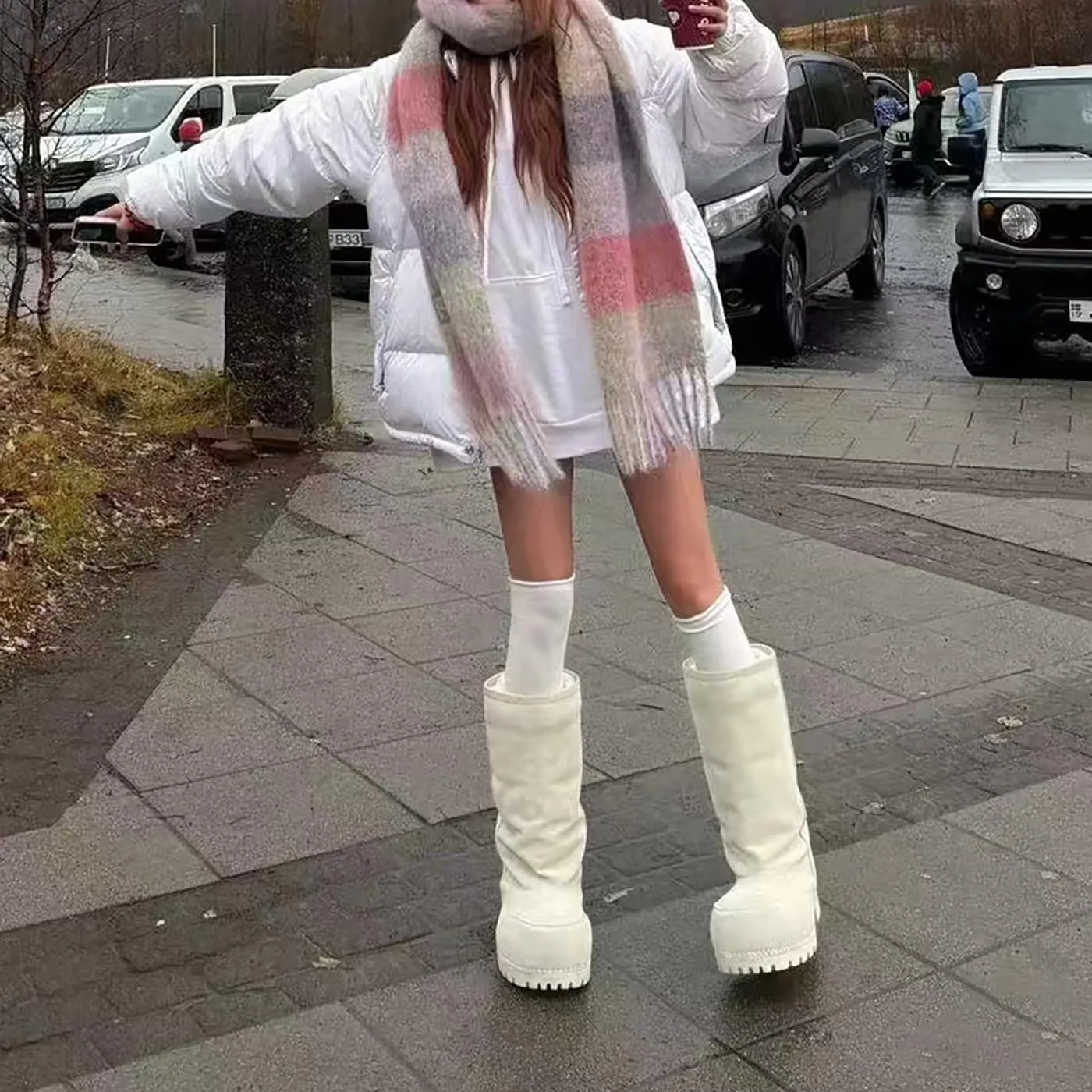 Suede Leather Platform Snow Boots For Women Fur Hippy Mid Calf Winter Boots Slip On Round Toe Comfort Warm Trending Knee High Boots