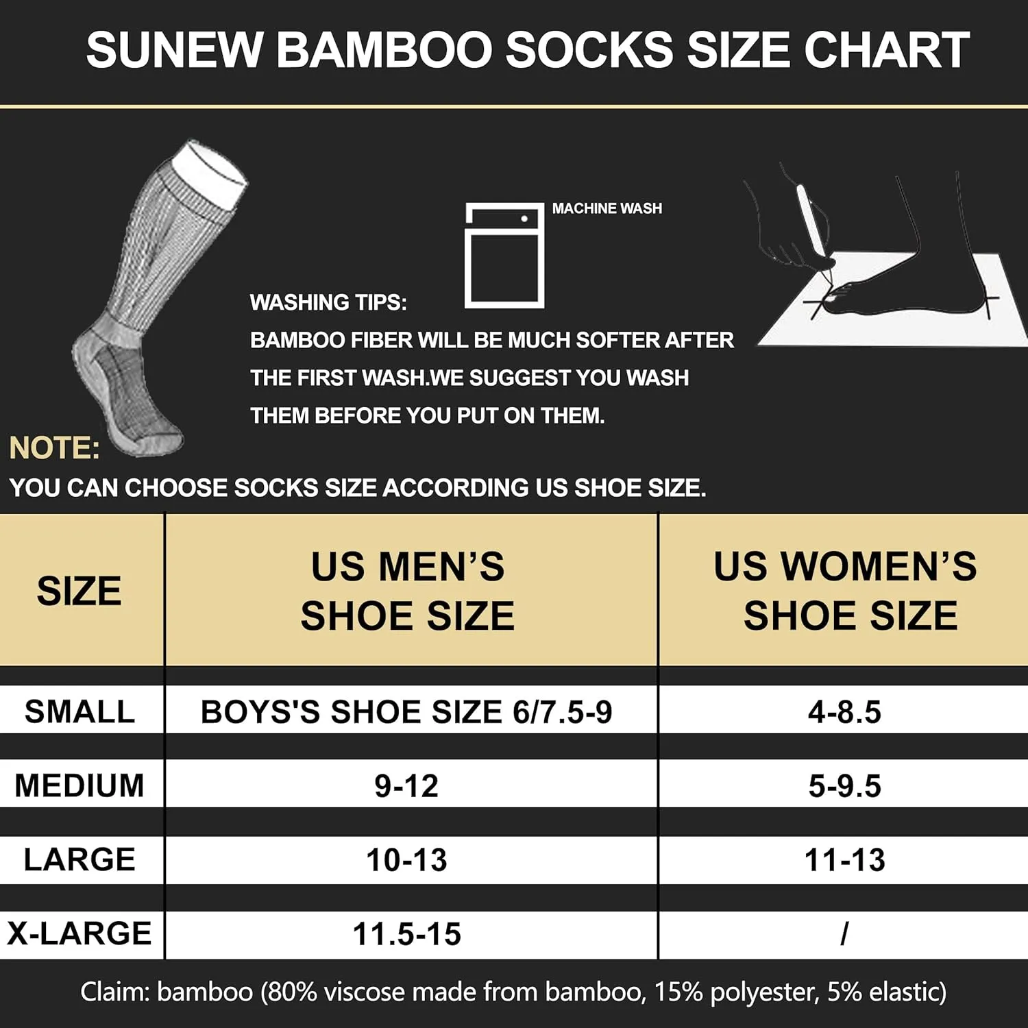 Sunew Viscose Bamboo Socks, Unisex Cushioned Comfortable Crew Workout Hiking Socks 6 Pairs