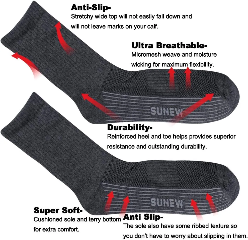 Sunew Viscose Bamboo Socks, Unisex Cushioned Comfortable Crew Workout Hiking Socks 6 Pairs