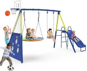 Swing Sets for Backyard with Kids Slide Outdoor Heavy-Duty Metal Playset for Kids 440lbs 5 in 1 Swing Set with Slide, Saucer Seat, Belt Seat, Soccer Goals and Basketball Hoop