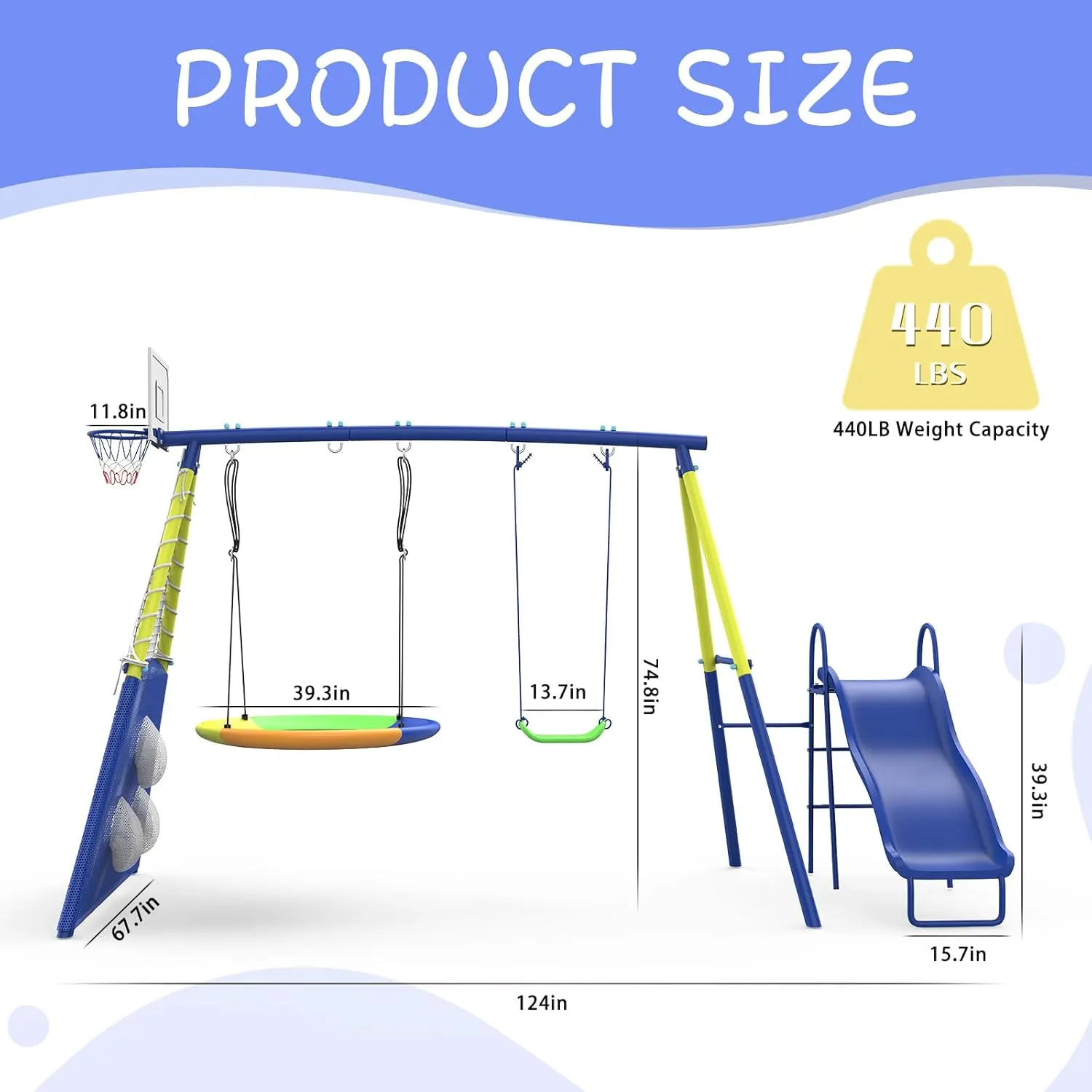 Swing Sets for Backyard with Kids Slide Outdoor Heavy-Duty Metal Playset for Kids 440lbs 5 in 1 Swing Set with Slide, Saucer Seat, Belt Seat, Soccer Goals and Basketball Hoop