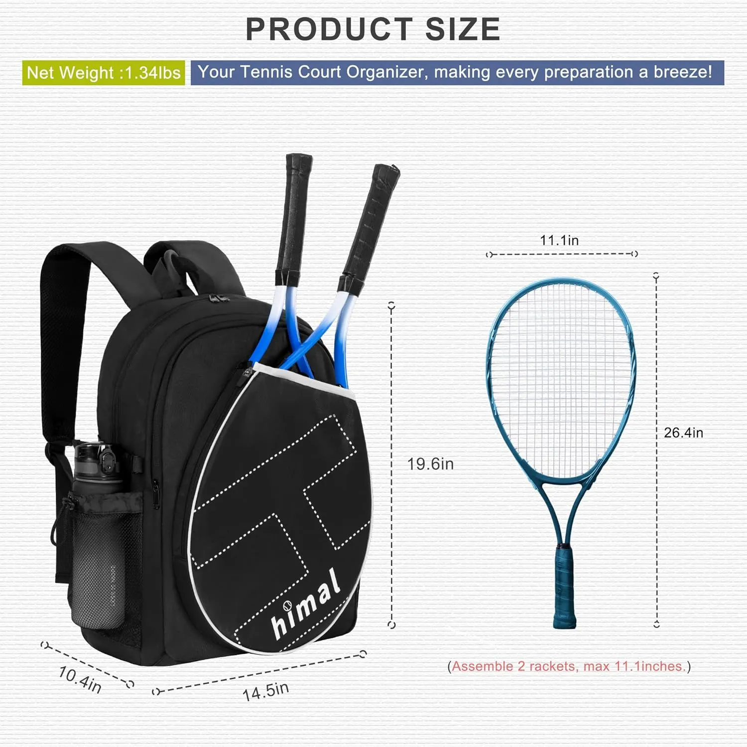 Tennis Bag Tennis Backpack for Men Women, Large Capacity Holds 2 Rackets with Ventilated Shoe Compartment and Insulated Pocket