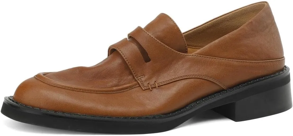 TinaCus Women's Genuine Leather Round Toe Classic Soft Chunky Heel Handmade Loafers Shoes