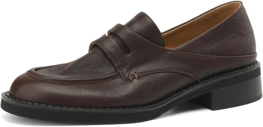 TinaCus Women's Genuine Leather Round Toe Classic Soft Chunky Heel Handmade Loafers Shoes