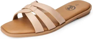 Trary Women's Flat Sandals Open Square Toe Slip on Slippers Casual Dressy Comfortable Soft Leather Summer Fashion Slide Sandals for Women Vacation Beach Party