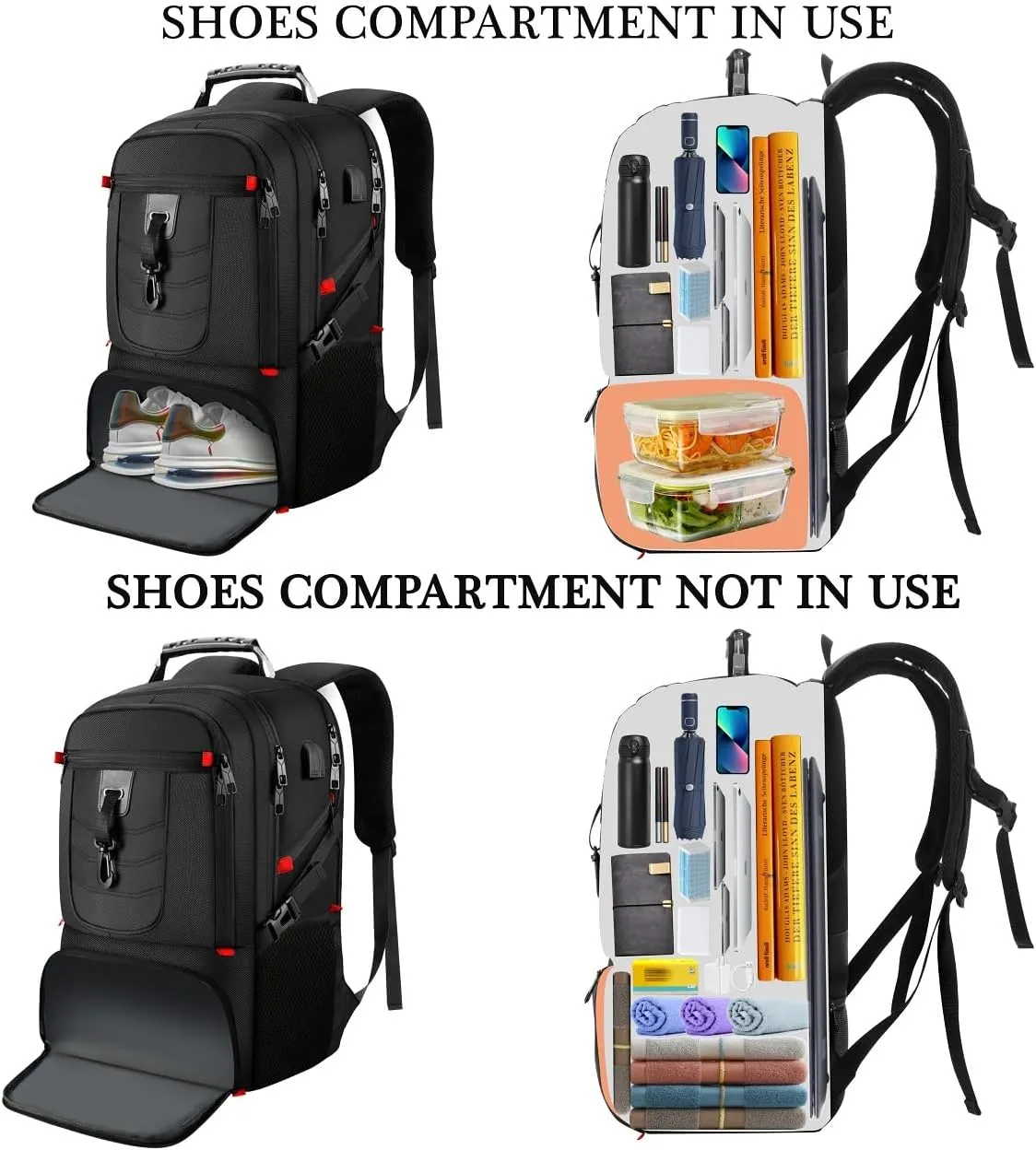 Travel Business Laptop Backpack for 18.4in PC with Shoe Compartment USB Charging Port,Sport Gym Bag for College Hiking Camping,Waterproof School Bookbag for Men Women Boys,Black