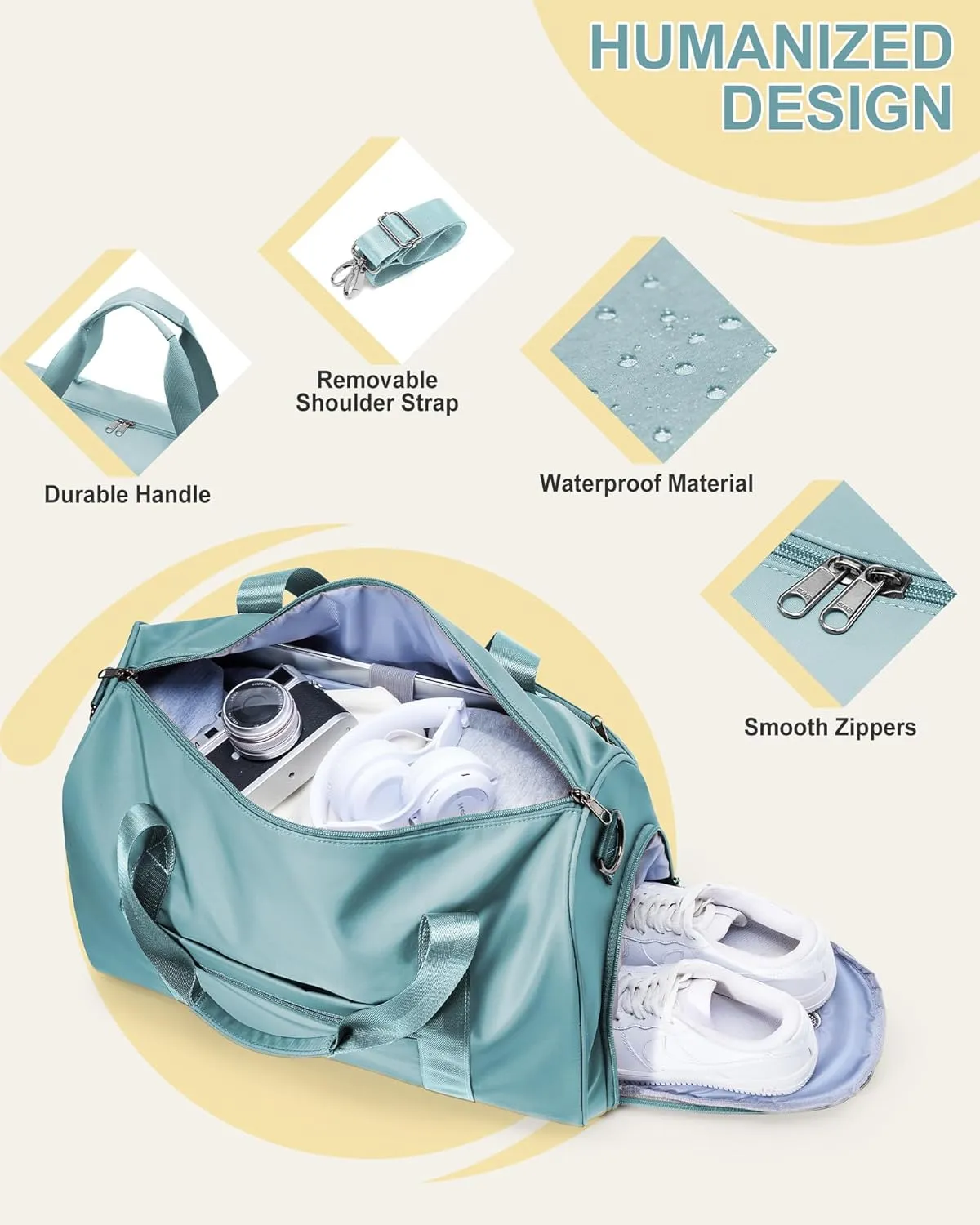 Travel Duffel Bags for Women & Men - Weekender with Shoe & Laptop Compartments - Carry On, Overnight, Gym & Hospital Bag - Light Blue
