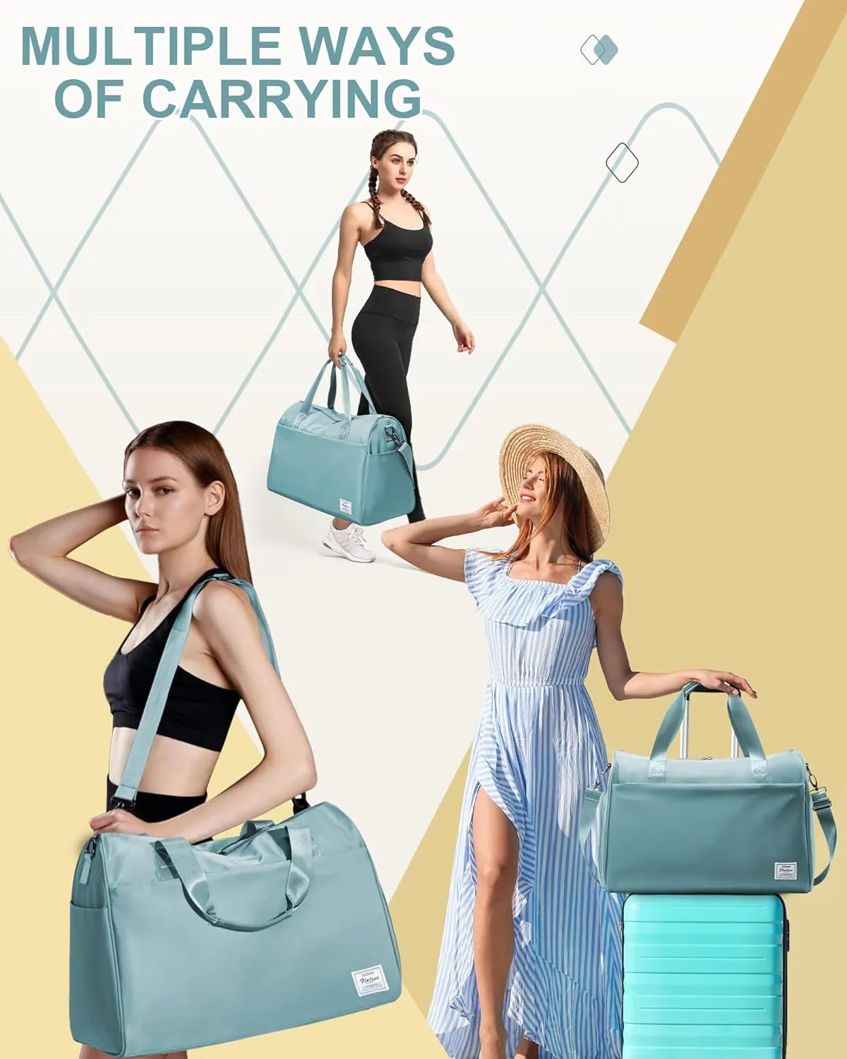 Travel Duffel Bags for Women & Men - Weekender with Shoe & Laptop Compartments - Carry On, Overnight, Gym & Hospital Bag - Light Blue