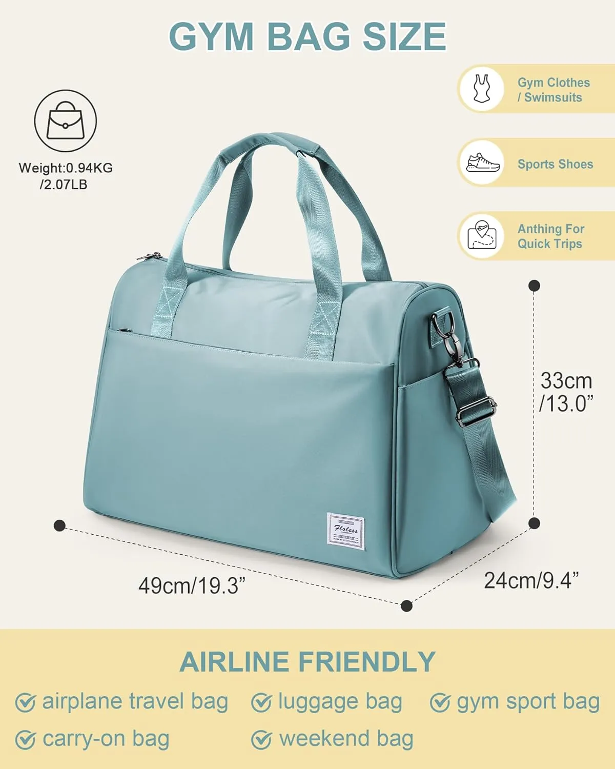 Travel Duffel Bags for Women & Men - Weekender with Shoe & Laptop Compartments - Carry On, Overnight, Gym & Hospital Bag - Light Blue