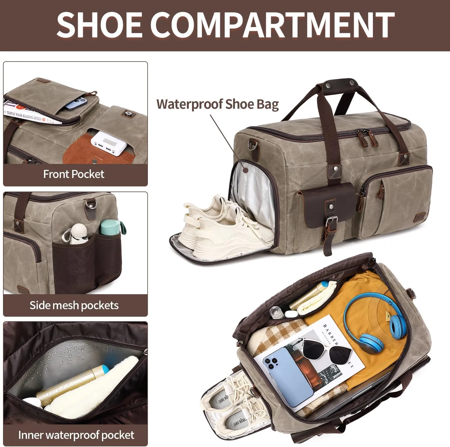 Travel Duffle Bag Weekender Bag with Shoe Compartment Overnight Bag for Men Travel Bag Carry On Lugguage Light Green