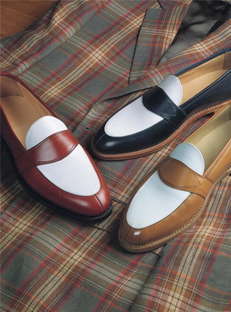 Two Tone Brown and White Leather Loafer Moccasins