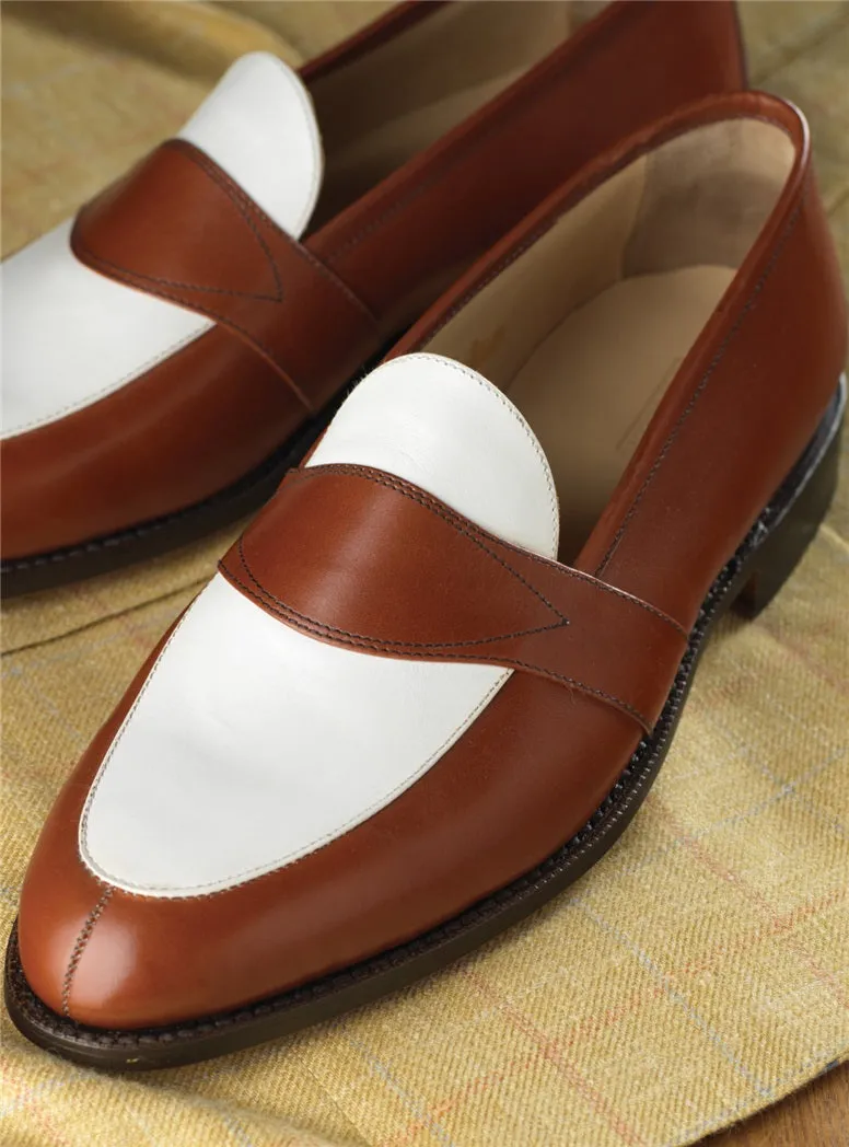 Two Tone Brown and White Leather Loafer Moccasins