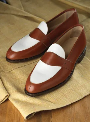 Two Tone Brown and White Leather Loafer Moccasins