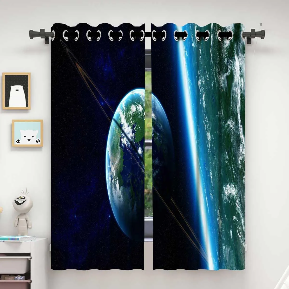 Universe 2 Panel Curtain,Planet Slide Door Curtain Bedroom Kitchen 55in Width by 72in Height
