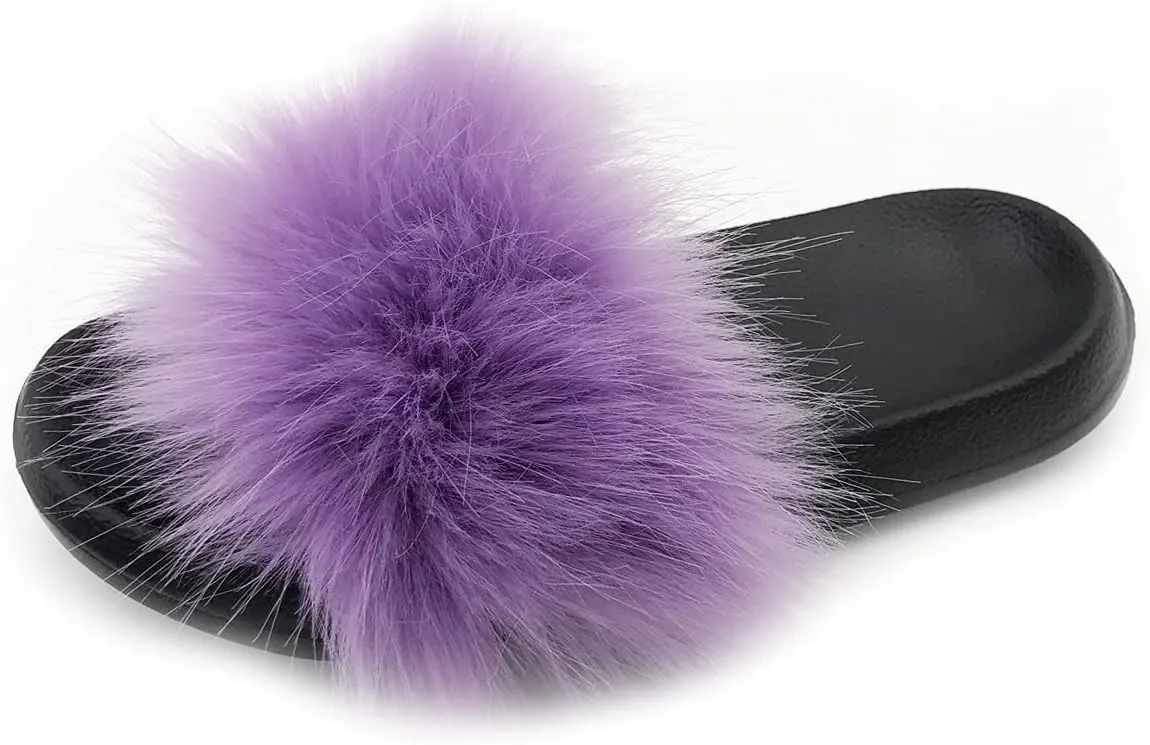 Unpafcxddyig Women's Fur Slide Slipper Open Toe Sandal with Soft Furry Faux Fox Fur House Outdoor Slippers