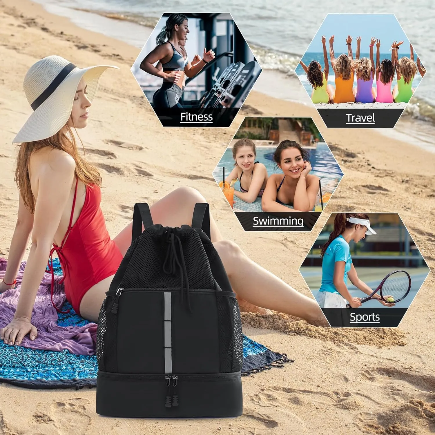 Valleycomfy Drawstring Gym Bag Sports Backpack With Shoe Compartment and Reflective Strips Black