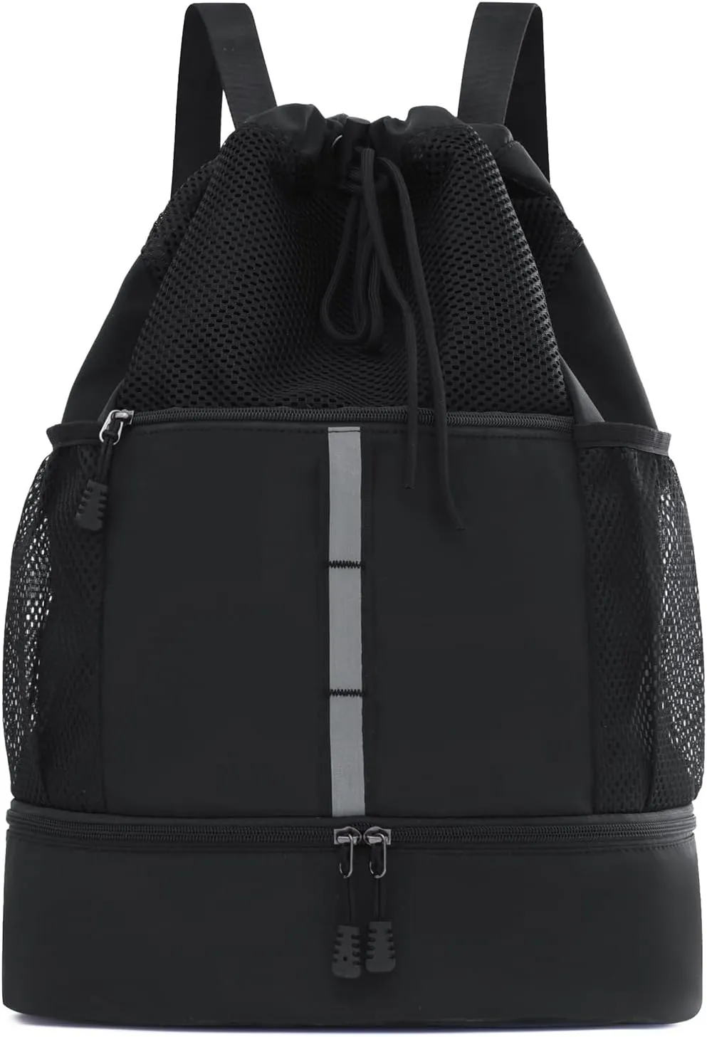 Valleycomfy Drawstring Gym Bag Sports Backpack With Shoe Compartment and Reflective Strips Black