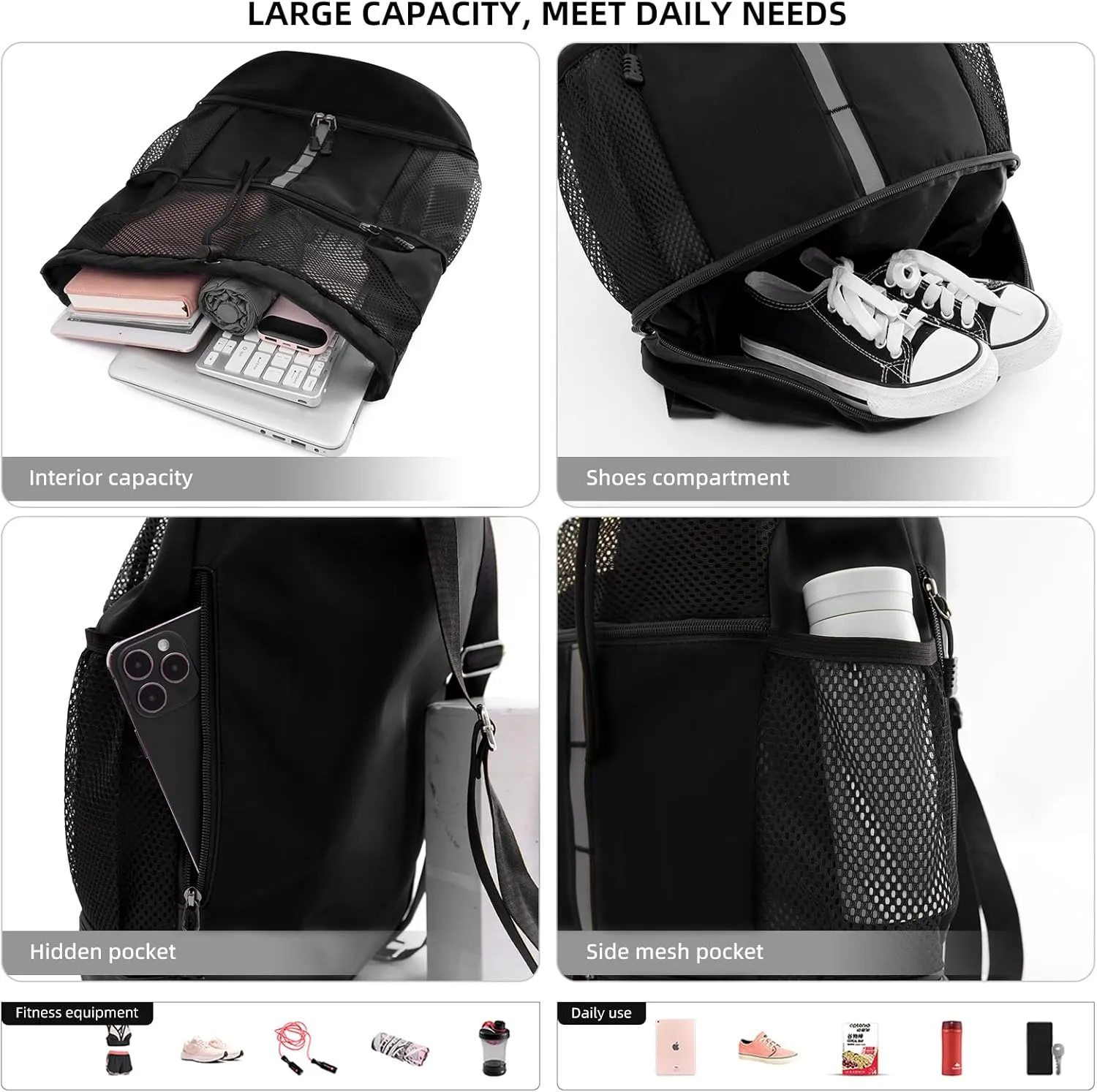Valleycomfy Drawstring Gym Bag Sports Backpack With Shoe Compartment and Reflective Strips Black