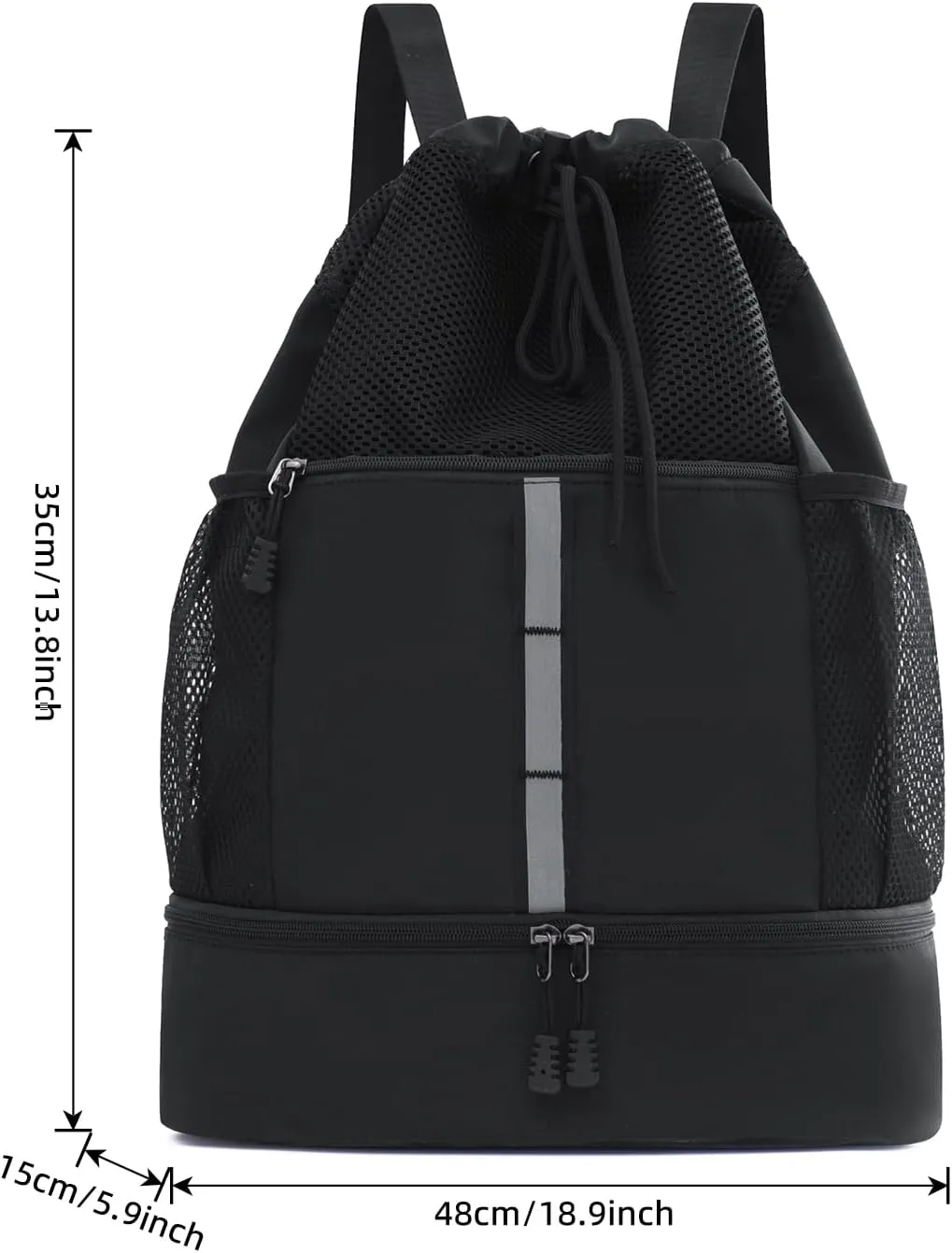 Valleycomfy Drawstring Gym Bag Sports Backpack With Shoe Compartment and Reflective Strips Black