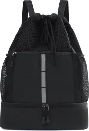 Valleycomfy Drawstring Gym Bag Sports Backpack With Shoe Compartment and Reflective Strips Black