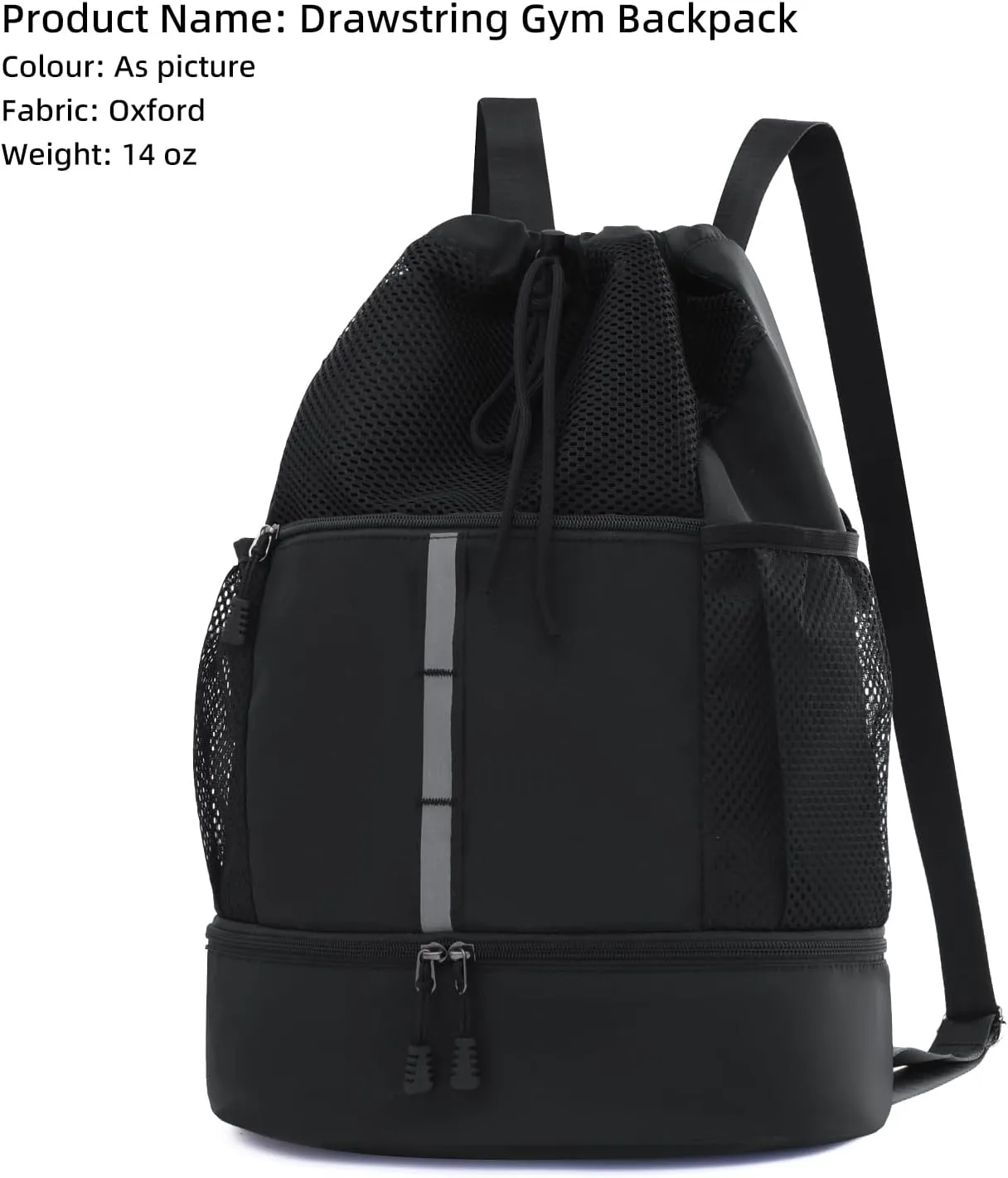 Valleycomfy Drawstring Gym Bag Sports Backpack With Shoe Compartment and Reflective Strips Black