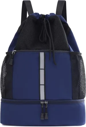 Valleycomfy Drawstring Gym Bag Sports Backpack With Shoe Compartment and Reflective Strips Dark Blue