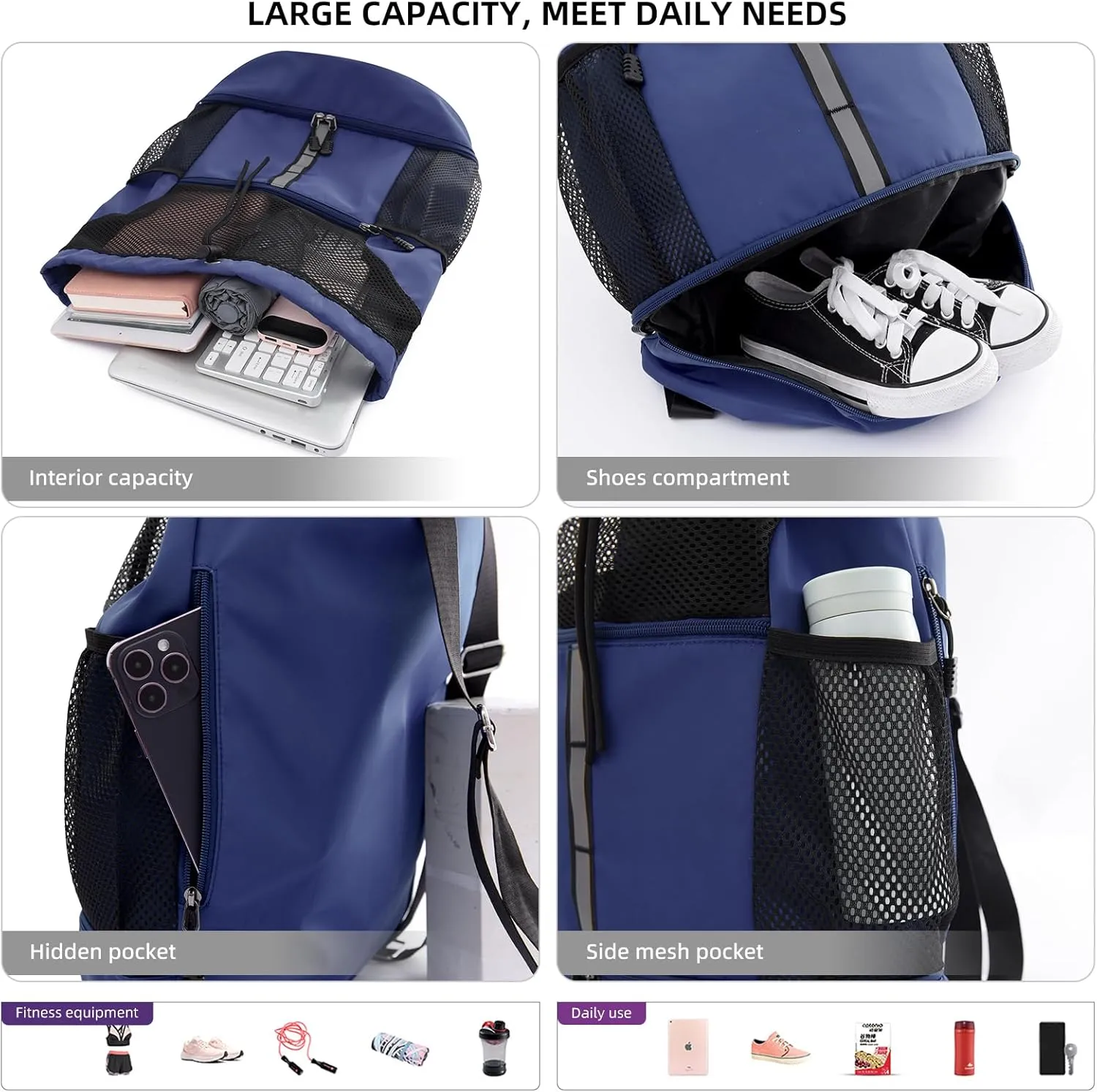 Valleycomfy Drawstring Gym Bag Sports Backpack With Shoe Compartment and Reflective Strips Dark Blue