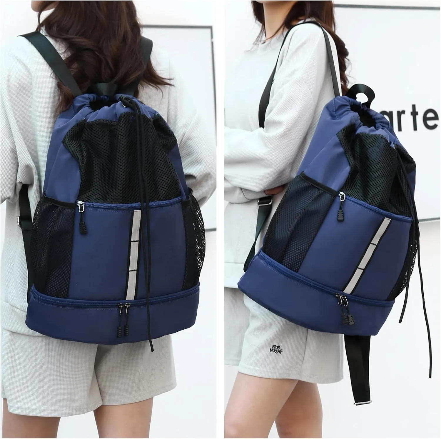 Valleycomfy Drawstring Gym Bag Sports Backpack With Shoe Compartment and Reflective Strips Dark Blue
