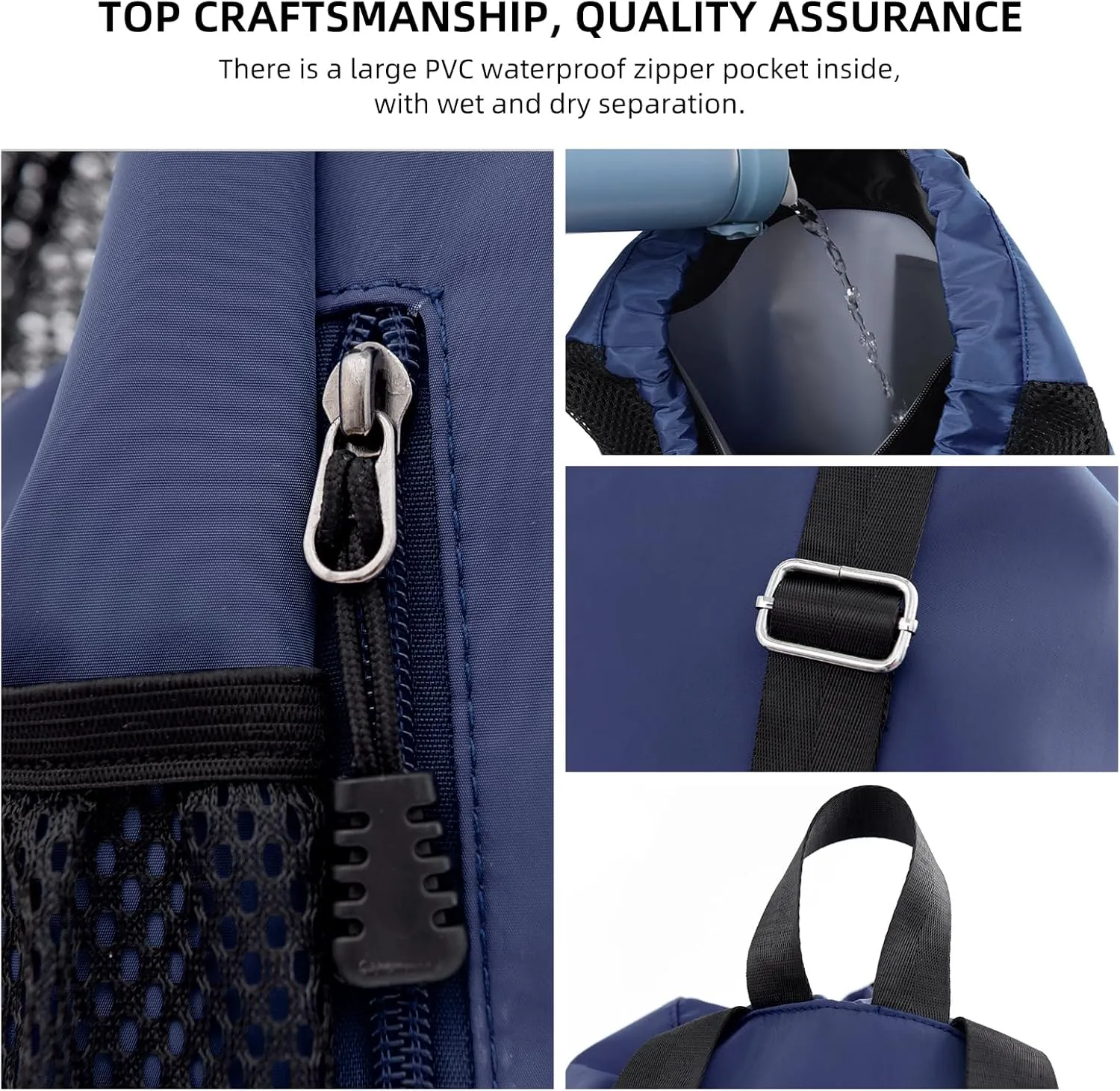 Valleycomfy Drawstring Gym Bag Sports Backpack With Shoe Compartment and Reflective Strips Dark Blue
