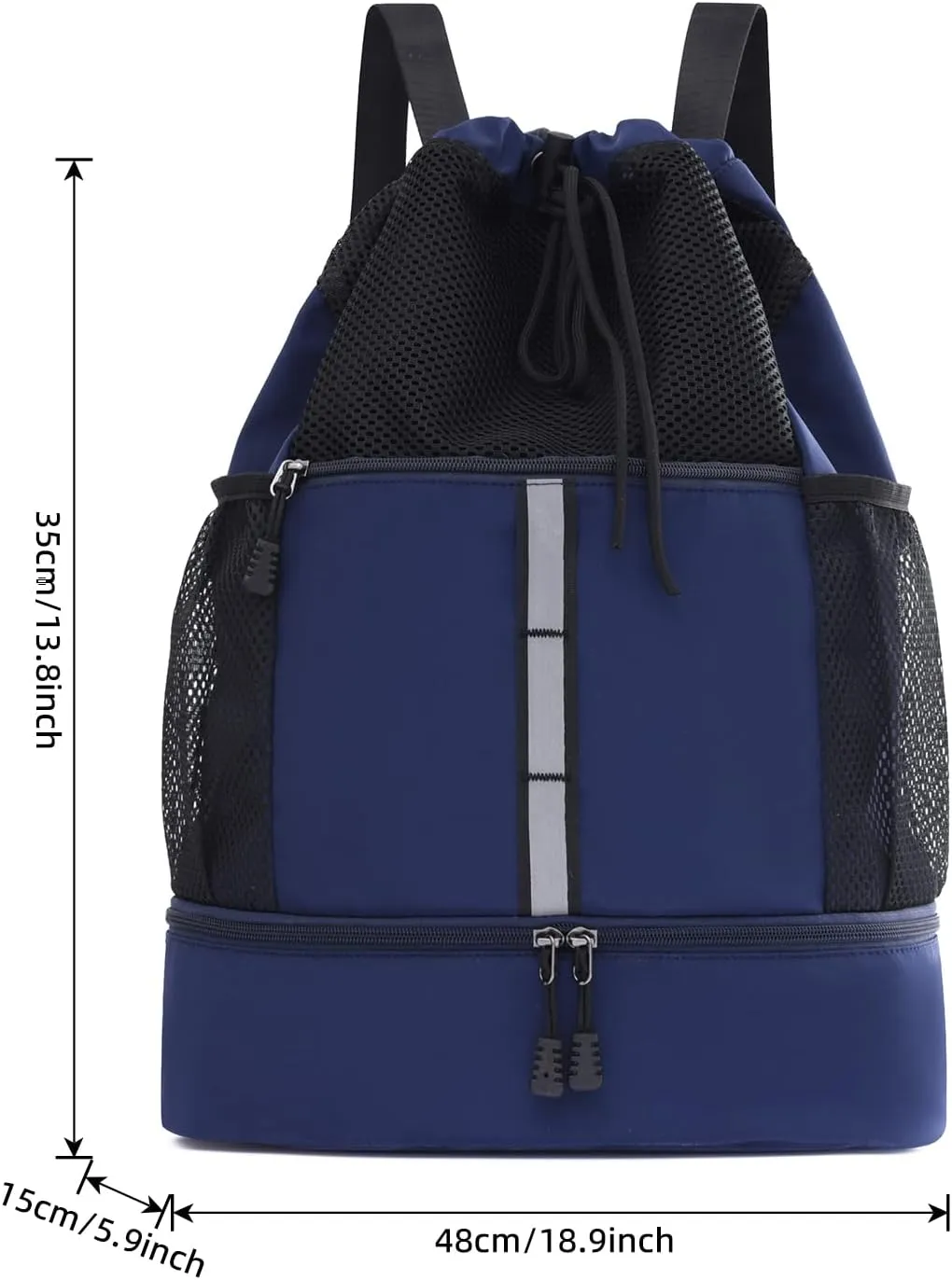 Valleycomfy Drawstring Gym Bag Sports Backpack With Shoe Compartment and Reflective Strips Dark Blue