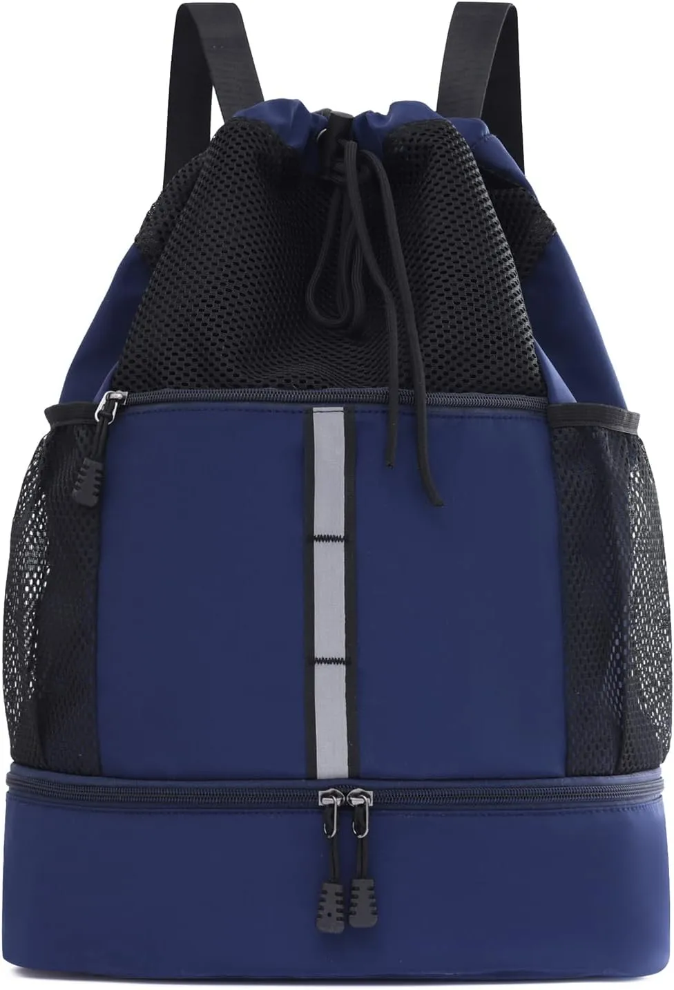 Valleycomfy Drawstring Gym Bag Sports Backpack With Shoe Compartment and Reflective Strips Dark Blue