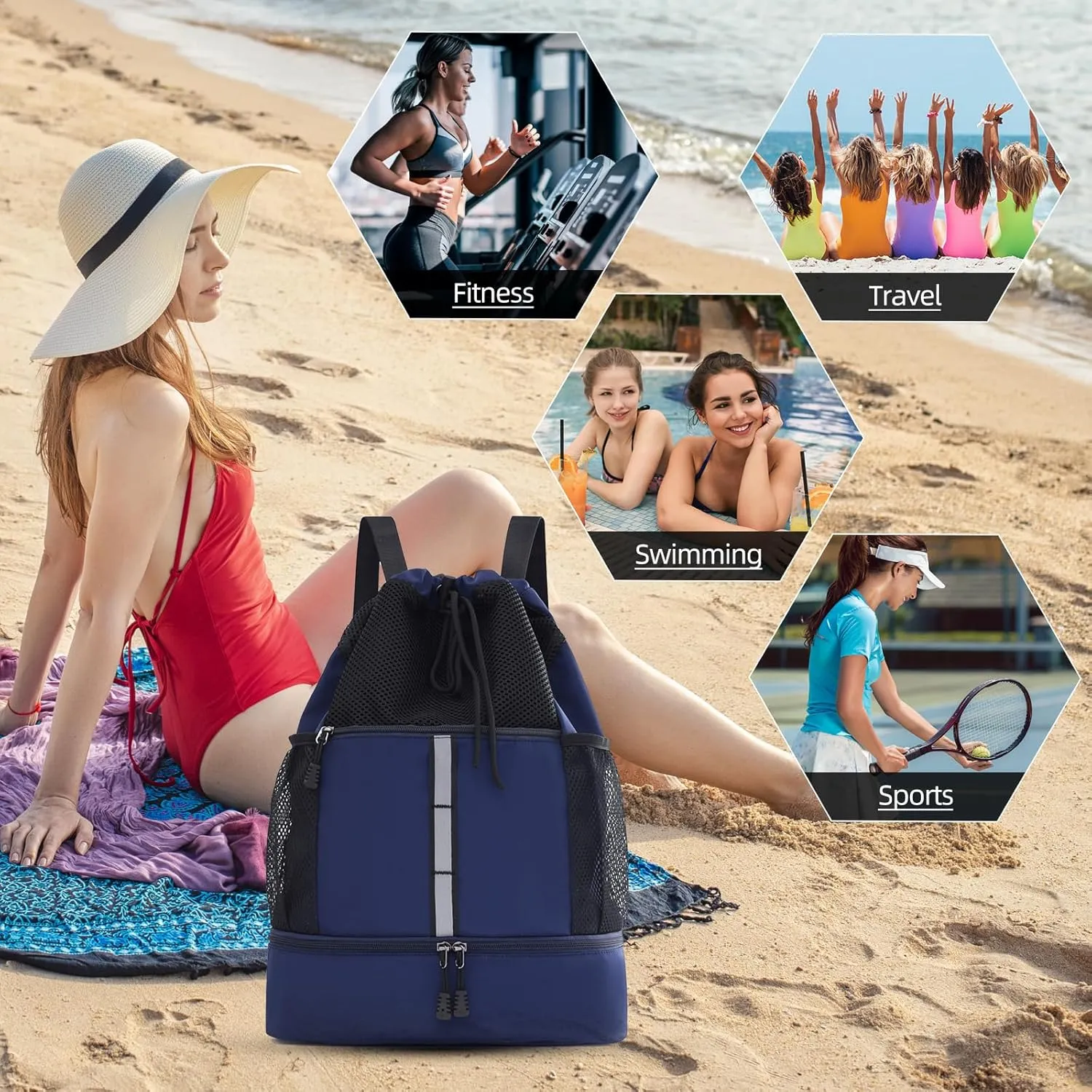 Valleycomfy Drawstring Gym Bag Sports Backpack With Shoe Compartment and Reflective Strips Dark Blue