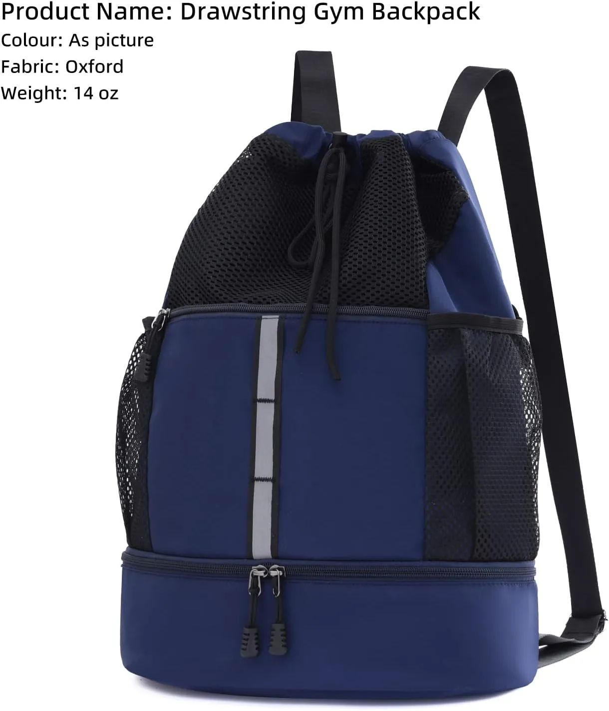 Valleycomfy Drawstring Gym Bag Sports Backpack With Shoe Compartment and Reflective Strips Dark Blue