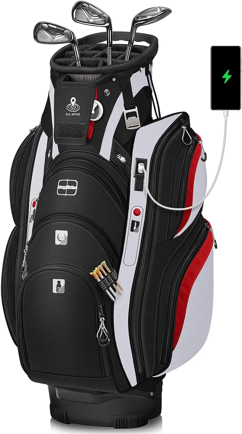 Vancropak Golf Cart Bag, 15 Way Divider Top Golf Bag with USB Charging Port, Waterproof Protective Rain Cover, Shoe Compartment, Cooler Pocket, Tracker Slot, Umbrella Holder, Gifts for Men