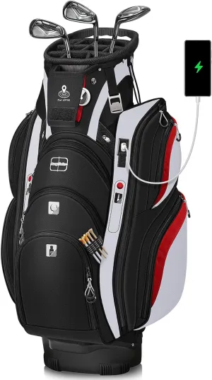 Vancropak Golf Cart Bag, 15 Way Divider Top Golf Bag with USB Charging Port, Waterproof Protective Rain Cover, Shoe Compartment, Cooler Pocket, Tracker Slot, Umbrella Holder, Gifts for Men
