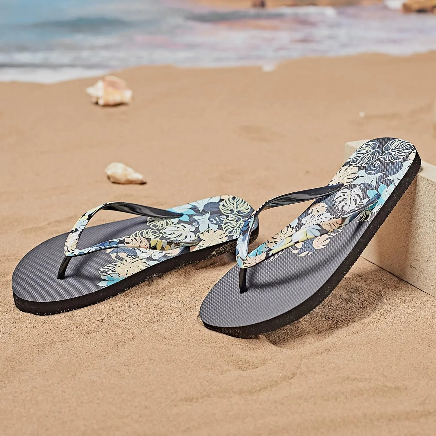 Veittes Women's Flip Flops Sandals, Soft Beach Pool Colorful Pattern Printing Slide Shoes.