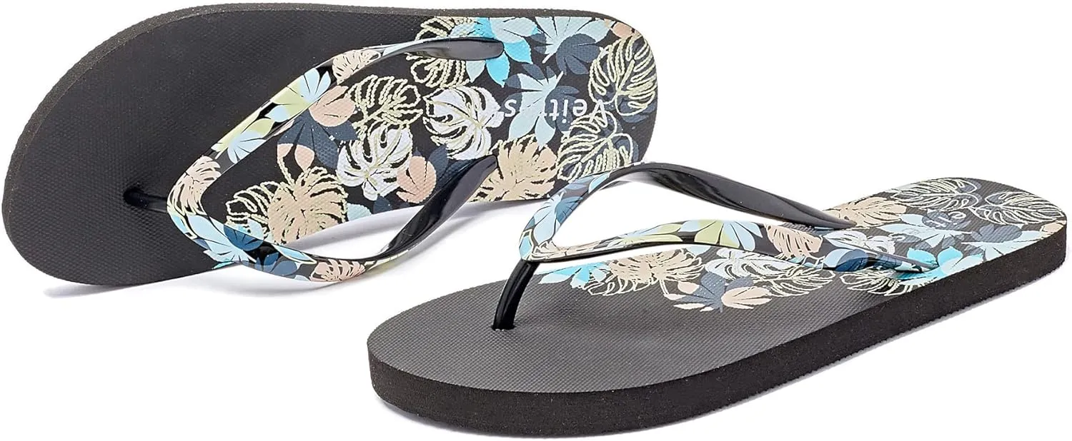 Veittes Women's Flip Flops Sandals, Soft Beach Pool Colorful Pattern Printing Slide Shoes.