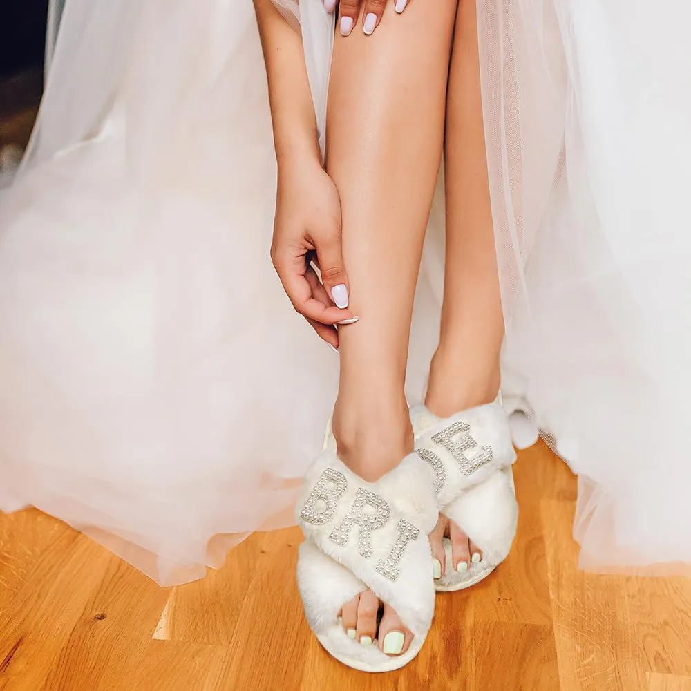 VOPHIA Bride Fuzzy Slippers - Cross Band Soft Wedding Slippers for Bridal Shower