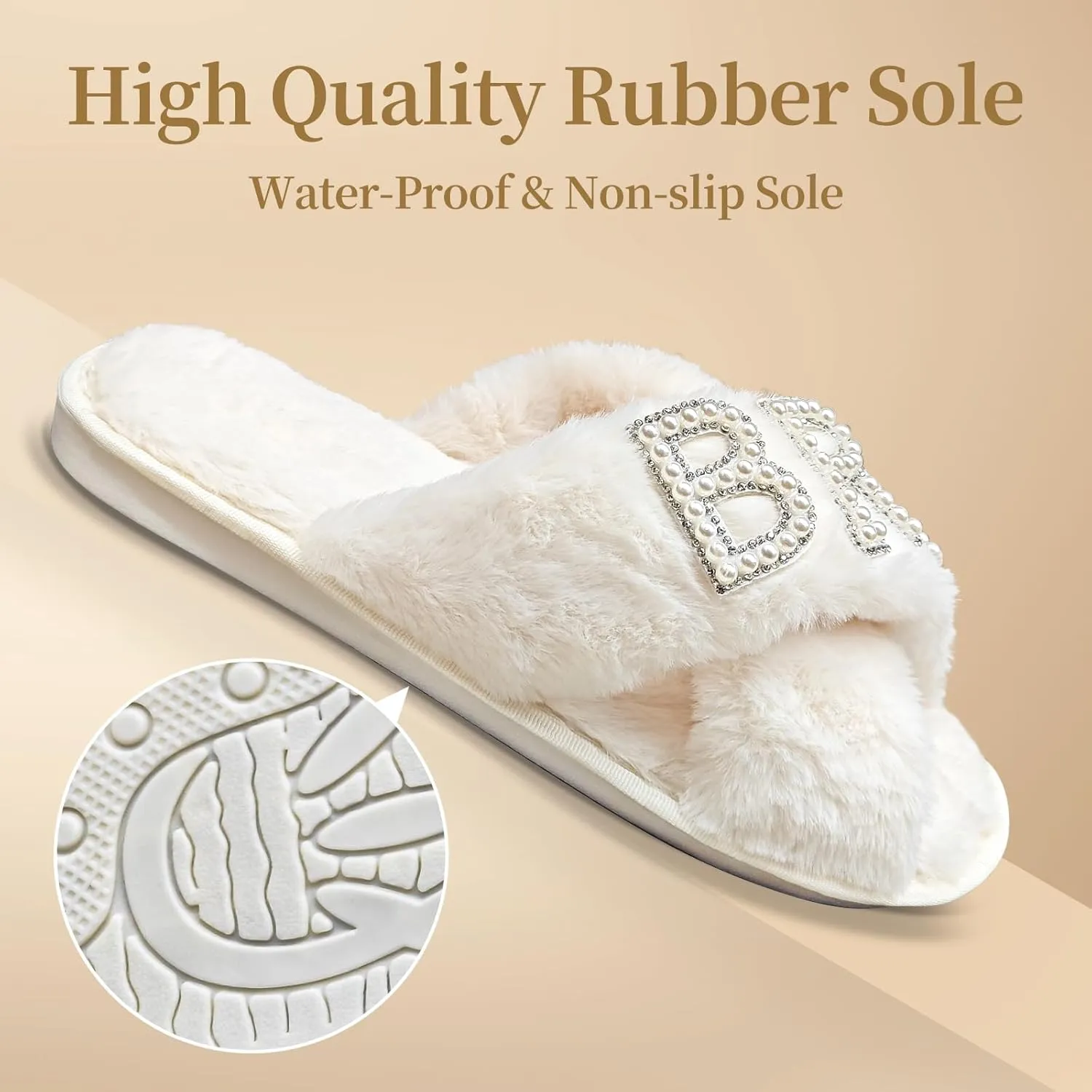 VOPHIA Bride Fuzzy Slippers - Cross Band Soft Wedding Slippers for Bridal Shower