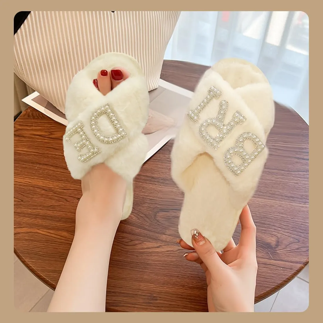 VOPHIA Bride Fuzzy Slippers - Cross Band Soft Wedding Slippers for Bridal Shower