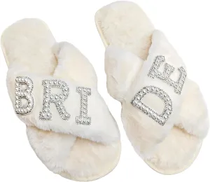VOPHIA Bride Fuzzy Slippers - Cross Band Soft Wedding Slippers for Bridal Shower