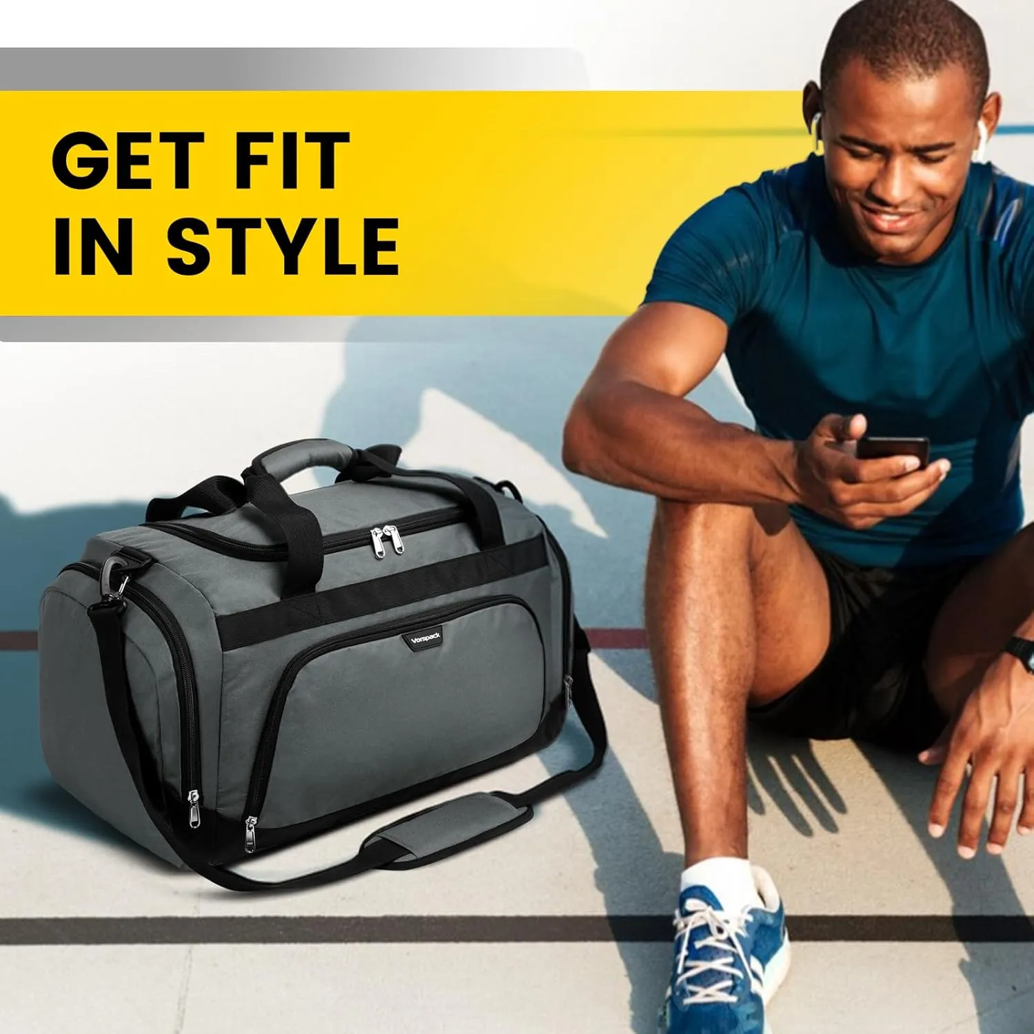 Vorspack Small Gym Bag - 40L Duffle Bag for Men Women Lightweight Duffel Bag with Shoe Compartment Wet Pocket Travel Bag Sports Bag for Sports Gym Travel - Grey