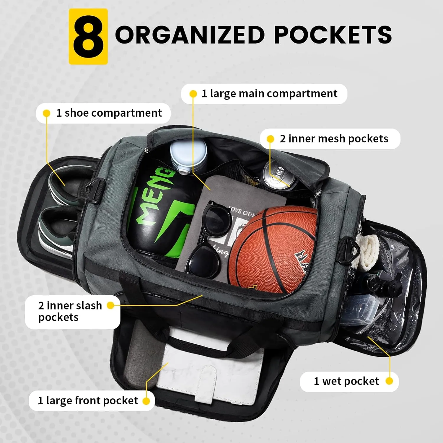Vorspack Small Gym Bag - 40L Duffle Bag for Men Women Lightweight Duffel Bag with Shoe Compartment Wet Pocket Travel Bag Sports Bag for Sports Gym Travel - Grey
