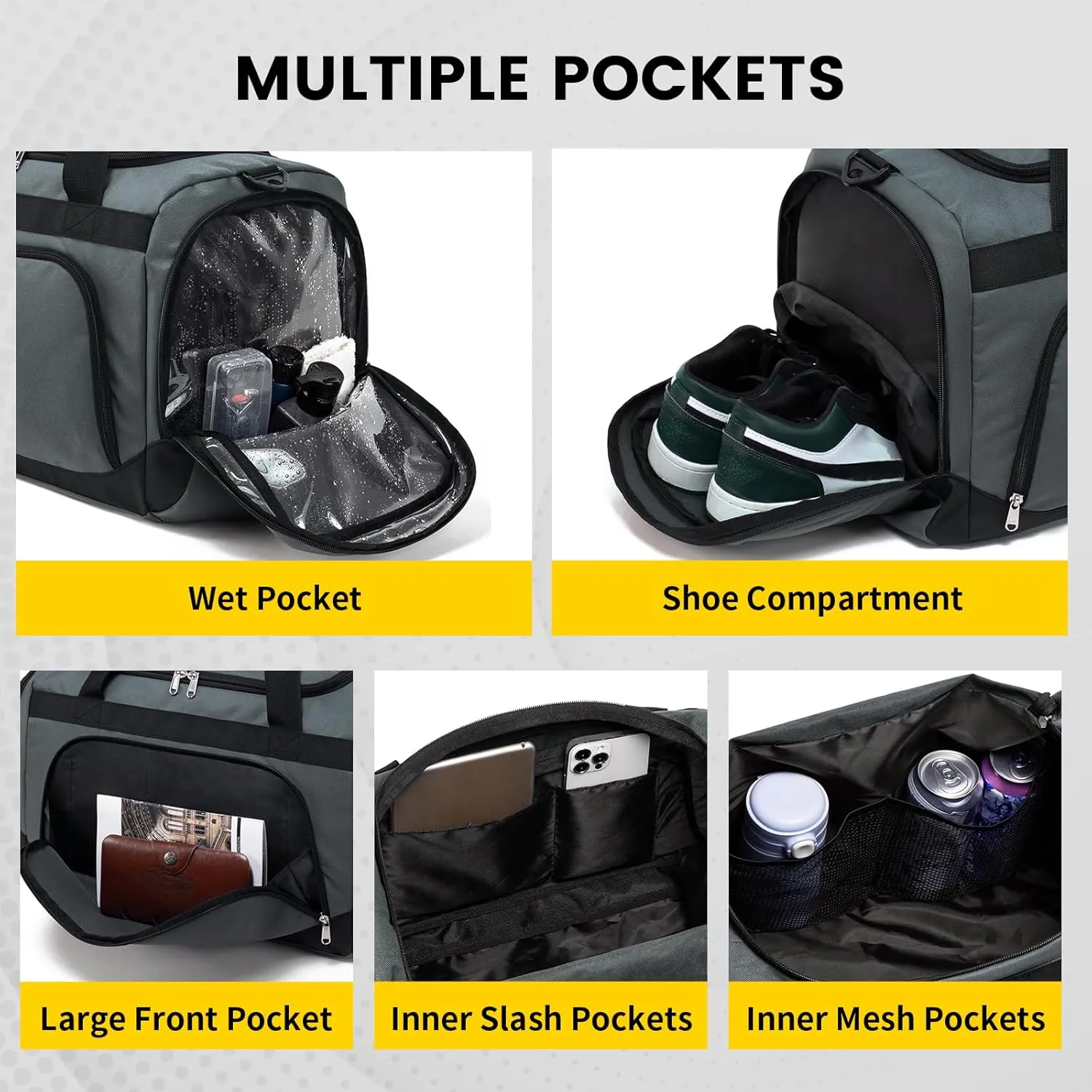 Vorspack Small Gym Bag - 40L Duffle Bag for Men Women Lightweight Duffel Bag with Shoe Compartment Wet Pocket Travel Bag Sports Bag for Sports Gym Travel - Grey