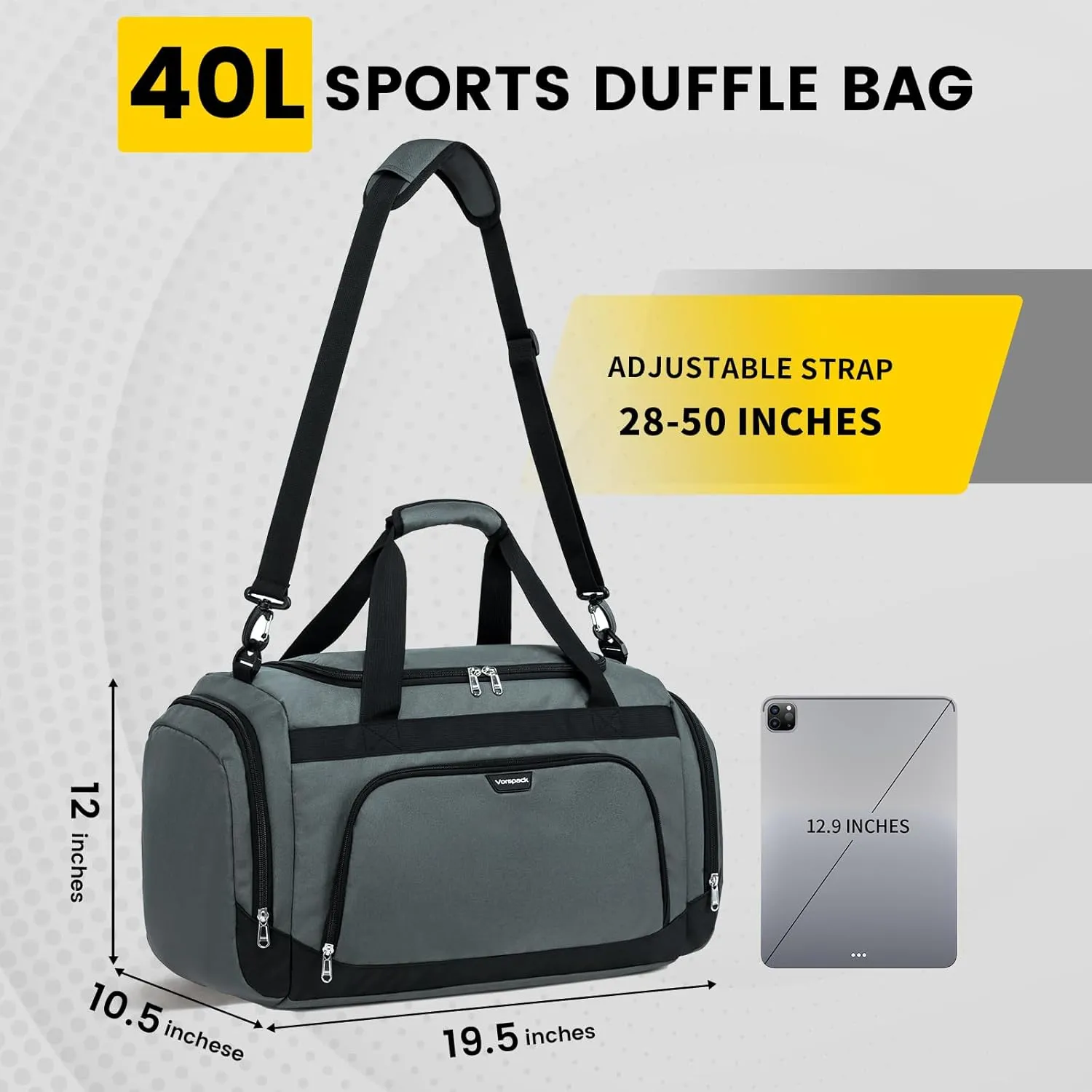 Vorspack Small Gym Bag - 40L Duffle Bag for Men Women Lightweight Duffel Bag with Shoe Compartment Wet Pocket Travel Bag Sports Bag for Sports Gym Travel - Grey