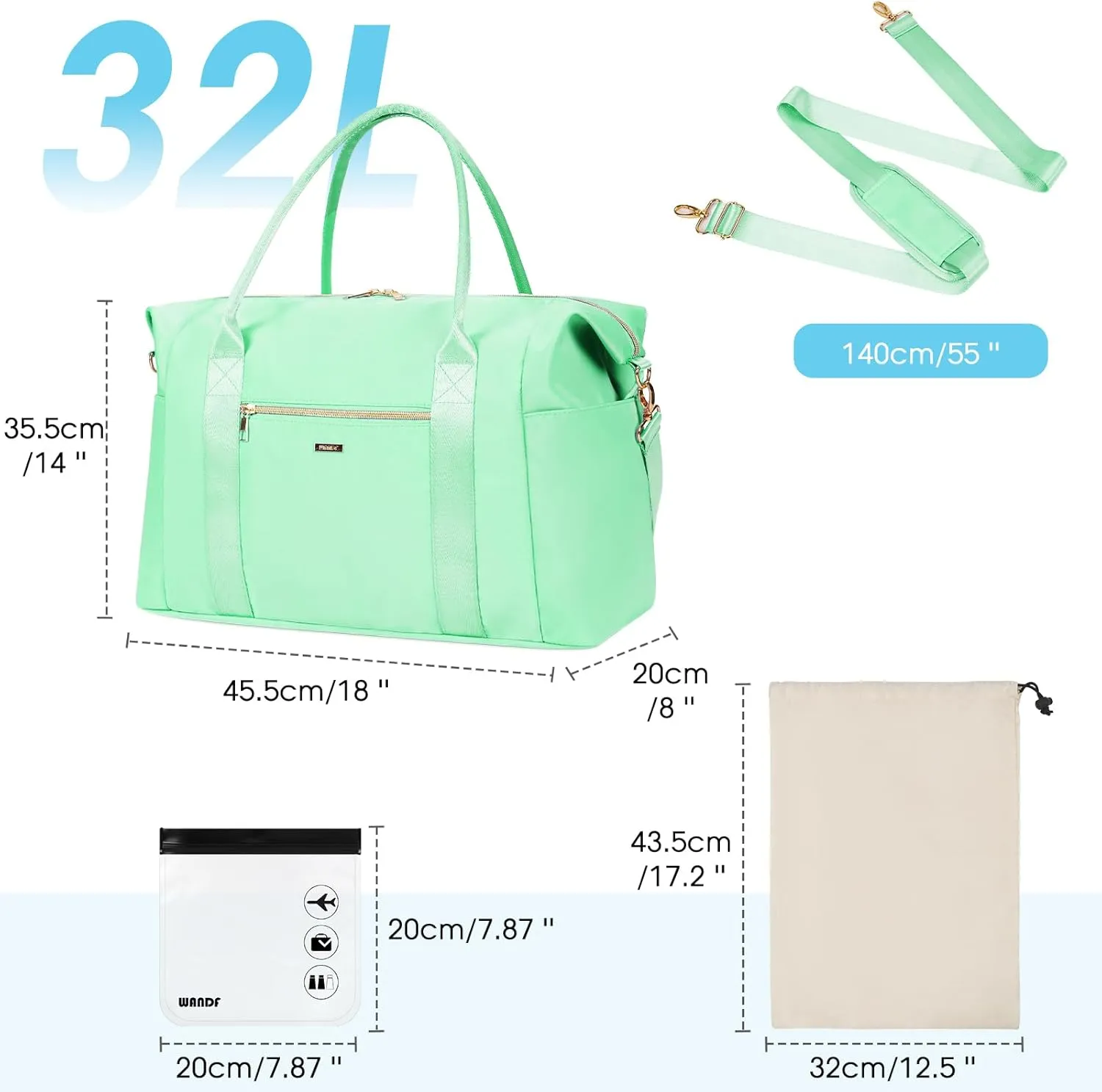 WANDF For Spirit Airlines Personal Item Bag 18x14x8 Travel Duffel Bag with TSA Approved Quart Size Bag & Shoe Bags Weekender Overnight Carry-on Luggage for Women (Light Green)