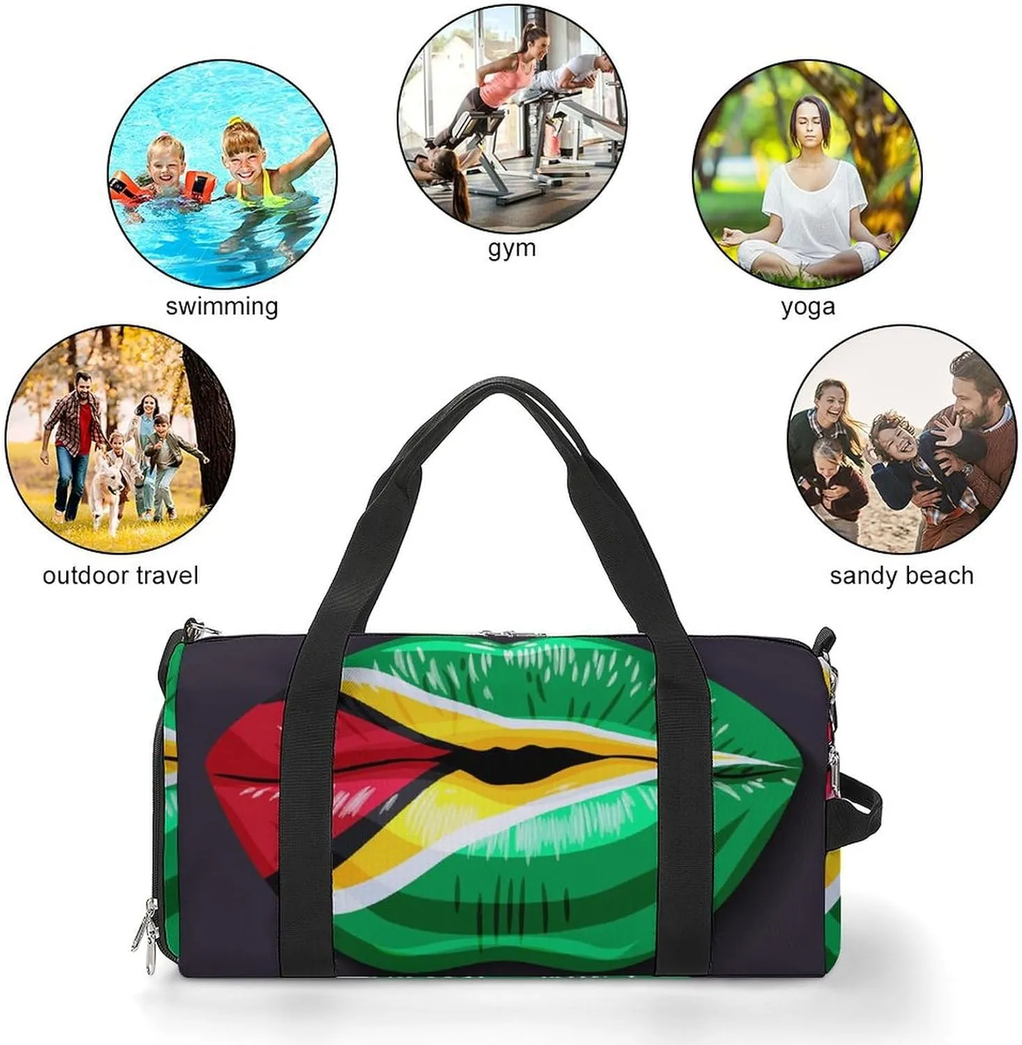 Waterproof Guyana Flag Lips Duffel Bag with Shoe Compartment Lightweight Travel Gym Bag