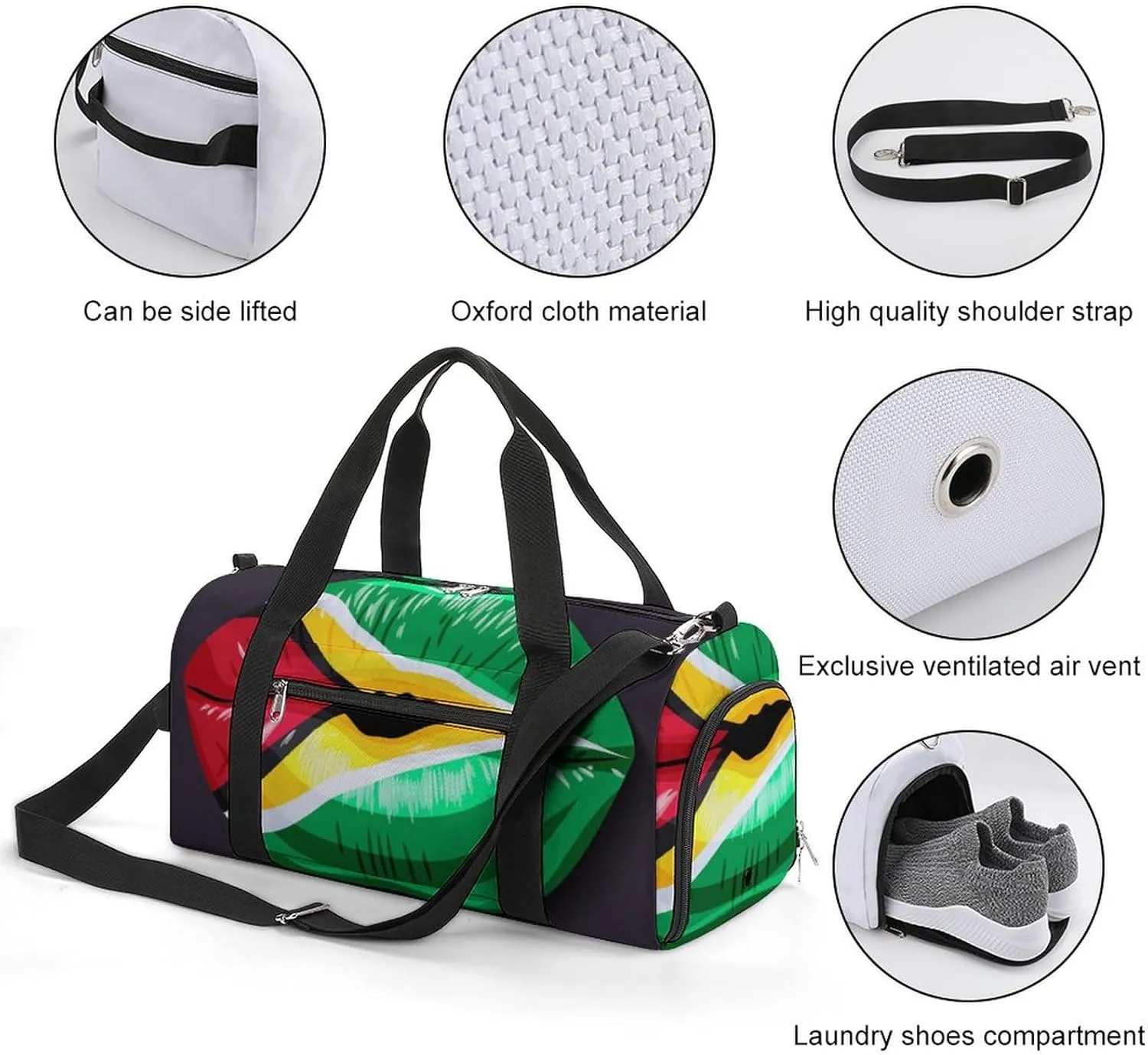 Waterproof Guyana Flag Lips Duffel Bag with Shoe Compartment Lightweight Travel Gym Bag