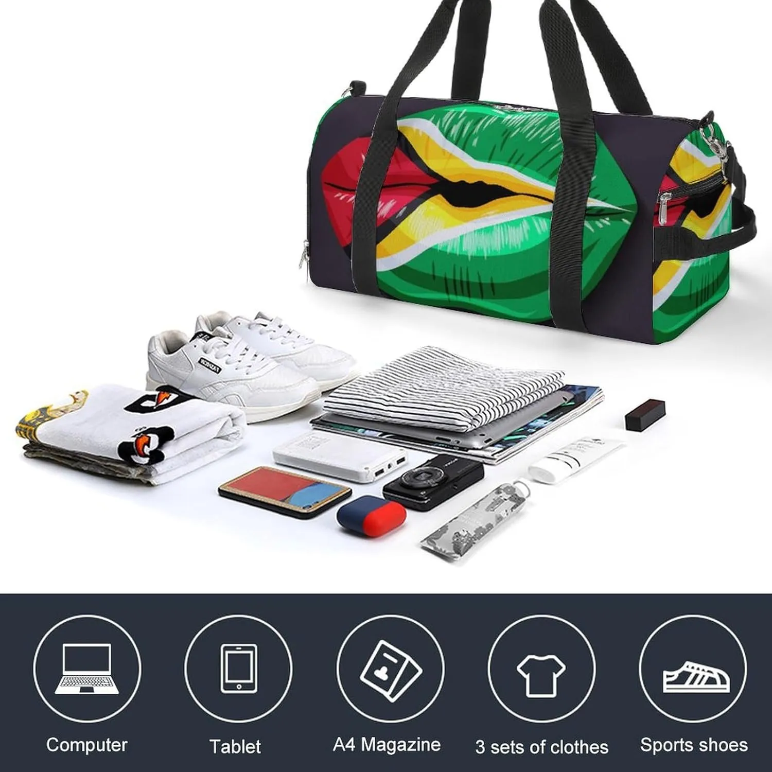 Waterproof Guyana Flag Lips Duffel Bag with Shoe Compartment Lightweight Travel Gym Bag